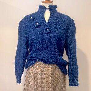 Entirely handcrafted sweater w/ amazing detail sleeves crocheted flowers pearls